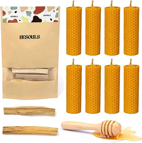 BESOULS 8 Velas de Miel de Abeja y 2 Palo Santo de REGALO | Ritual Mágico de Buena Suerte 11/22 + QR con Contenido Digital | 100% Cera e Incienso Natural | Hechas a Mano | Sin Parafina 10x2cm  