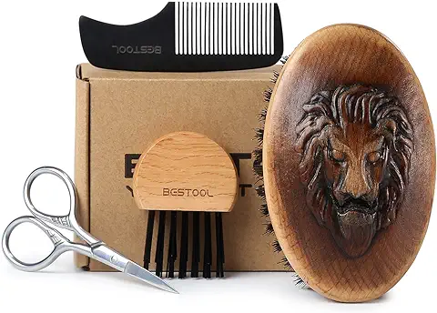 BESTOOL Juego de Cepillo y Peine para Barba para Hombres que Arreglan Barbas y Bigotes, Cepillo para Barba de Cerdas de Jabalí con base de Madera  