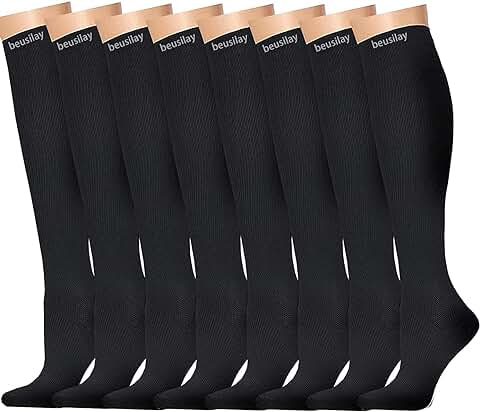 Beusilay 8 Pares Calcetines De Compresión Para Mujeres Y Hombres- Ideal Para Médicos, Circulación Y Recuperación, Enfermería, Viajes Y Vuelo, Correr Y Fitness (15-20 MmHg)  