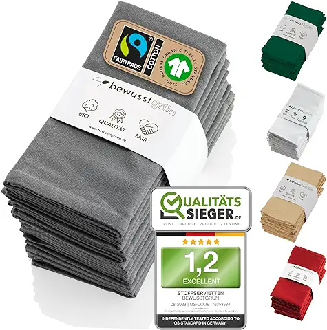 BewusstGrün® 6 servilletas de tela justas y sostenibles + instrucciones plegables, 100% algodón orgánico, 45 x 45 cm, color gris