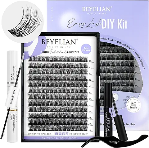 BEYELIAN Cluster Lashes Kit with 144 Pcs DD Lash Clusters Lash Bond and Seal Lash Remover and Eyelash Applicator for Beginner DIY at Home (Style3 0.07 Mix Clear Band)  
