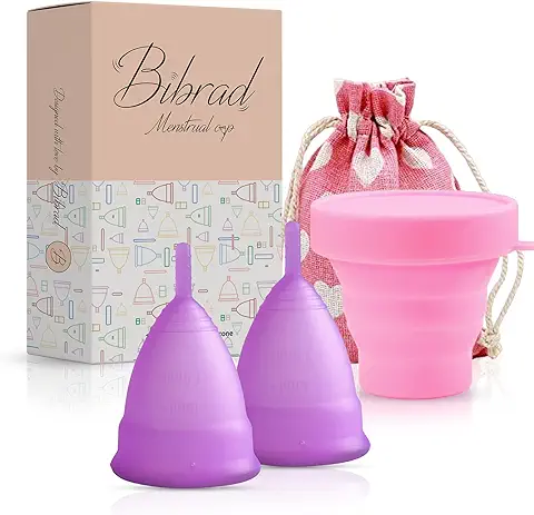 Bibrad Copa Menstrual - 2 Copas Menstruales Tallas L y L, Vaso Esterilizador y Bolsa de Transporte de Algodón - 100% Suave Silicona de Grado Medico Lavable y Reutilizable… (2L)  
