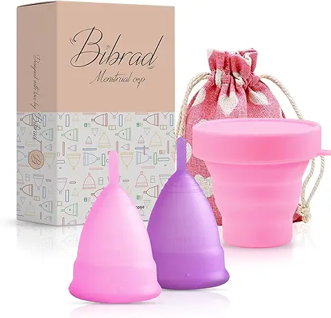 Bibrad Copa Menstrual - 2 Copas Menstruales Tallas M y L, Vaso Esterilizador y Bolsa de Transporte de Algodón - 100% Suave Silicona de Grado Medico Lavable y Reutilizable… (M-L)  
