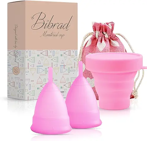 Bibrad Copa Menstrual - 2 Copas Menstruales Tallas M y M, Vaso Esterilizador y Bolsa de Transporte de Algodón - 100% Suave Silicona de Grado Medico Lavable y Reutilizable… (2M)  