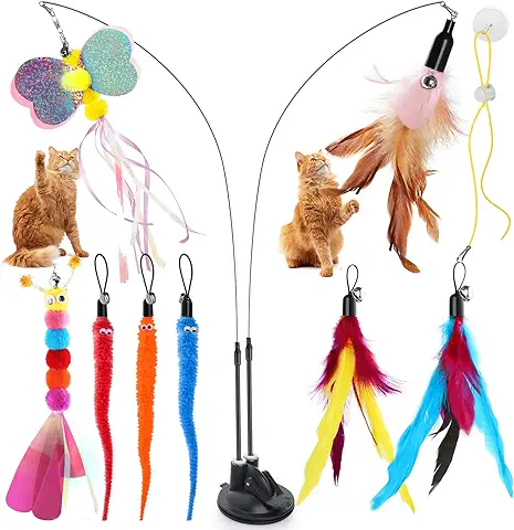 Bigqin 12pcs Juguetes para Gatos Interactivos, 8 Juguetes con Campanas, 2 Varas de Teaser de Gato, 1 Taza de Super Succión Extraíble de Doble Cabeza, 1 Cordón Pegajoso  