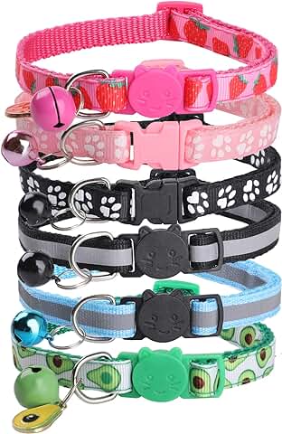 Bigqin 6 Piezas Collar Gato Antiahogo, Collar Gato Personalizado con Hebilla de Liberación de Seguridad, Ajustables Collares para Gatos con Campana, Reflectantes Collar para Gato  