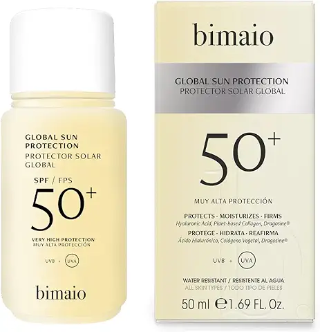 BIMAIO Súper Protector Solar Facial Global FPS50 TODO EN UNO | Colágeno, Ácido Hialurónico | Piel Grasa - Sensible - Seca - Mixta | Bloqueador Solar Rostro | 50ml  