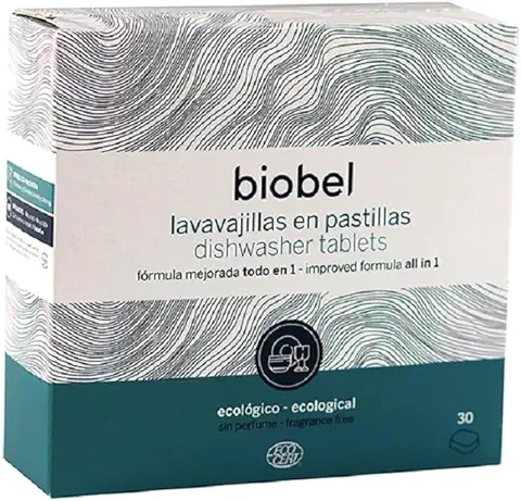 Biobel - Pastillas para Lavavajillas - Origen Natural - Pastillas Monodosis Todo en 1 - Limpia y Desengrasa la Suciedad Incrustada - Envoltorio Hidrosoluble - Sin Perfume - 30 Ud  
