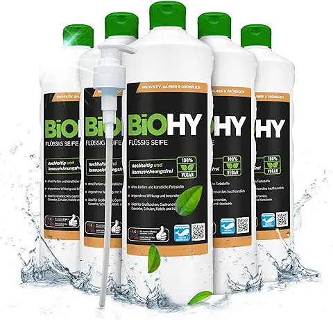 BiOHY Jabón Líquido (6 Botellas de 1 Litro) | Jabón de Manos Líquido, Hidratante y Respetuoso con la piel | LIBRE DE FOSFATOS | Apropiado para la cara | Higiene sin olor (Flüssig Seife)  