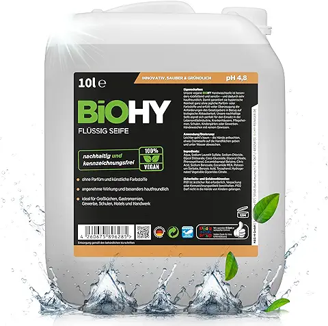 BiOHY Jabón Líquido (Bidón de 10 Litros) | Jabón de Manos Líquido, Hidratante y Respetuoso con la piel | LIBRE DE FOSFATOS | Apropiado para la cara | Higiene sin olor (Flüssig Seife)  