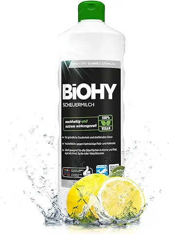 BiOHY Leche Desgrasada (1 Botella de 1 Litro) | Elimina sin Esfuerzo los Residuos de Comida Quemada | para el Esmalte la Cerámica y el Acero Inoxidable (Scheuermilch)  