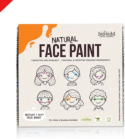 BioKidd Kit de Pintura Facial para Niños para Pieles Sensibles No Tóxicas, Set de Pinturas Faciales Corporales Naturales Ecologicas al Agua - Halloween Royal Party, 10 Colores para Pintar la Cara  