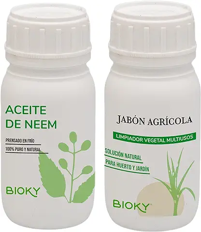 Bioky Jabón Potásico Agrícola y Aceite de Neem Para Plantas 2x250ML - Controlador y Repelente Natural de Plagas - Mosquitos, Pulgón, Cochinilla, Mosca Blanca (250ML)  