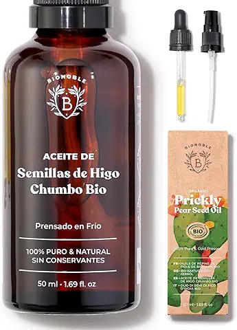 Bionoble Aceite de Higo Chumbo Orgánico 50ml - 100% Puro, Natural y Prensado en Frío - Rostro, Cuerpo, Cabello, Barba, Uñas - Vegano y Cruelty Free - Botella de Vidrio + Pipeta + Bomba  