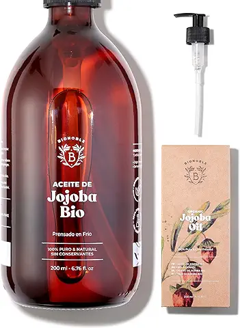 Bionoble Aceite de Jojoba Orgánico 200ml - 100% Puro, Natural y Prensado en Frío - Rostro, Cuerpo, Cabello, Barba, Uñas - Vegano y Cruelty Free - Jojoba Oil - Botella de Vidrio + Bomba  