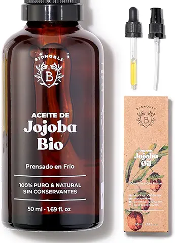 Bionoble Aceite de Jojoba Orgánico 50ml 100% Puro, Natural y Prensado en Frío - Rostro, Cuerpo, Cabello, Barba, Uñas - Vegano, Cruelty Free - Jojoba Oil - Botella de Vidrio + Pipeta + Bomba.  