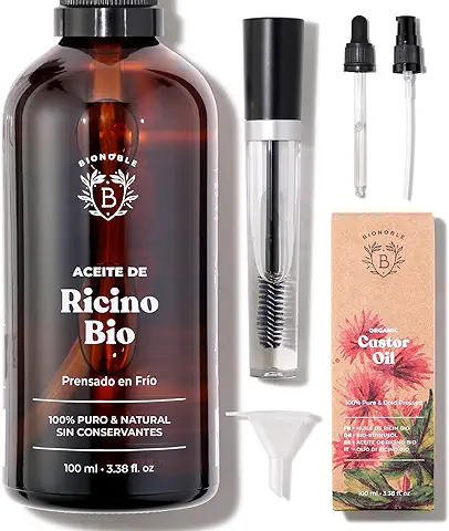 Bionoble Aceite de Ricino Orgánico 100ml - 100% Puro y Prensado en Frío - Pestañas, Cejas, Cuerpo,Cabello, Barba, Uñas - Vegan Castor Oil - Botella de Vidrio + Pipeta + Bomba + Kit de Rímel  