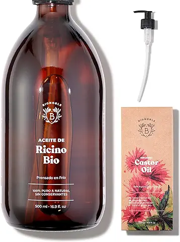 Bionoble Aceite de Ricino Orgánico 500ml - 100% Puro, Natural y Prensado en Frío - Pestañas, Cejas, Cuerpo, Cabello, Barba, Uñas - Vegano y Cruelty Free - Castor Oil - Botella de Vidrio + Bomba  