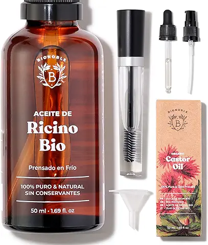 Bionoble Aceite de Ricino Orgánico 50ml - 100% Puro y Prensado en Frío - Pestañas, Cejas, Cuerpo, Cabello, Barba, Uñas - Botella de Vidrio + Pipeta + Bomba + Kit de Rímel  