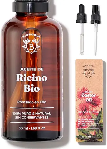 Bionoble Aceite de Ricino Orgánico 50ml - 100% Puro y Prensado en Frío - Pestañas, Cejas, Cuerpo, Cabello, Barba, Uñas - Vegano, Cruelty Free - Botella de Vidrio + Pipeta + Bomba  