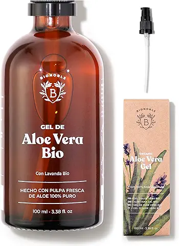 Bionoble Gel de Aloe Vera Orgánico 100ml - Hecho con Pulpa Fresca de Aloe 100% Puro y Lavanda - Sin Xantano - Rostro, Contorno de Ojos, Cuerpo, Cabello - Botella de Vidrio + Bomba  
