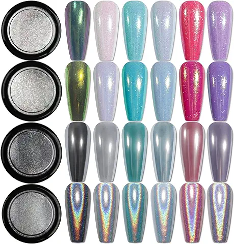 BISHENGYF Polvo Cromado para Uñas 4 Colores, Efecto Espejo Multi Chrome, Purpurina Holográfica Metálica Plateada, Pigmento en Polvo de Camaleón para Manicura de Gel con 4 Aplicadores de Esponja.  