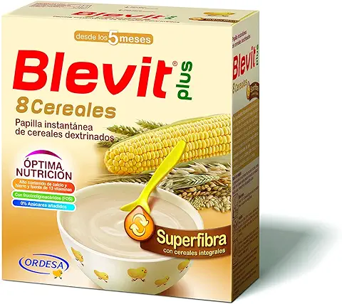Blevit Plus Superfibra 8 Cereales - Papilla de Cereales para Bebé Con Trigo Integral y Arroz Integral, Sin Azúcares Añadidos - Facilita la Digestión - Desde los 5 Meses - 600g  