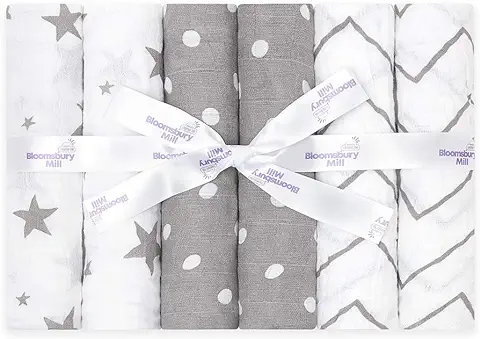 Bloomsbury Mill - Muselinas 100% Algodón Orgánico Puro - Estampado de Estrellas, Espiga y Lunares – Gris y Blanco - Juego de 6-70 x 70cm  