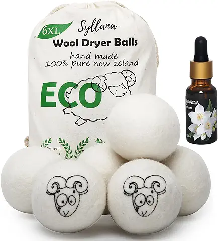 Bolas de Secadora de Lana, Syllana Paquete de 6 XL Bolas para Secadora y Aceite Esencial de Jazmín, Suavizante de Telas Naturales, 100% Pura Lana Orgánica de Nueva Zelanda, Acorta 40% Tiempo de Secado