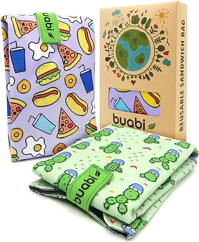 Bolsa Portabocadillos Reutilizable. 2X Envoltorio Bocadillo, Sandwich, Almuerzo, Merienda Infantil y Adultos. Ecológico y sin BPA (Comida y Cactus)  