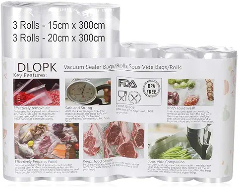 Bolsas de Plástico Profesionales para Envasadora al Vacio, 6 Rollos, 15x300cm y 20x300cm, Conservación de Alimentos, Cocina Sous Vide  