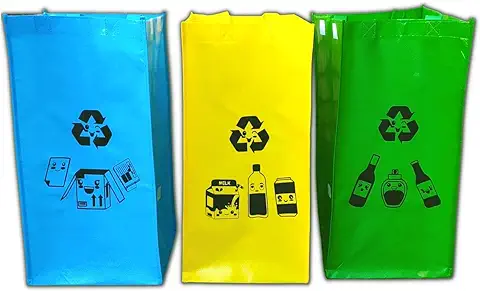 Bolsas de Reciclaje con Colores y Dibujos Kawaii - Refuerzo para usar como 3 Cubos de Basura Ecológicos en casa y Reciclar Plástico, Vidrio, Papel y Cartón - De la Cocina al Contenedor o Papelera  