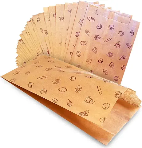 Bolsas Papel Kraft Marrones. Sin asa y con Dibujo Impreso de Panes Bocadillo Bolleria pan Sandwich Galletas Fruta Alimentos Frutos Secos Merienda Almuerzo (100uds 25x15cm)  