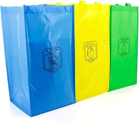 Bolsas Reciclaje Basura 3 Colores - Pack con Bolsa de Reciclaje Azul, Verde y Amarilla para Reciclar Plástico, Vidrio, Papel y Cartón en la Cocina - Duraderas, 23L, con asas y Guía de Reciclaje  