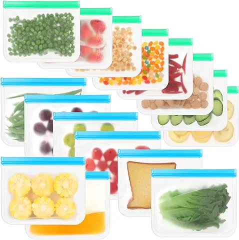 Bolsas Reutilizables para Alimentos, 16 Bolsas Reutilizables para Almacenamiento de Alimentos, Bolsas Reutilizables para Congelador, Bolsas Reutilizables con Cierre Hermético para Sándwich  