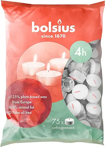 Bolsius D-Light - Velas de té, Paquete de 75 Unidades, en Bolsa, Tiempo de Combustión, 4 Horas, Velas Decorativas para el Hogar, Color Blanco, cera Vegetal Natural, sin Aceite de Palma  