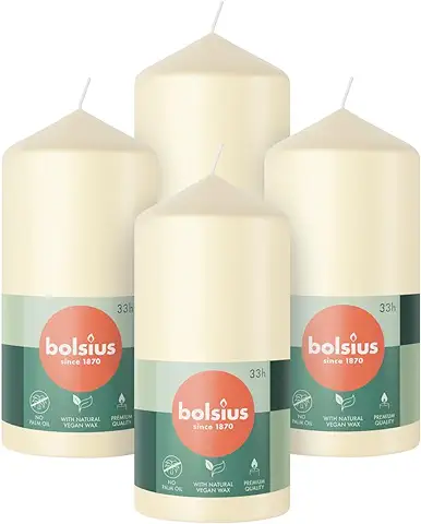 Bolsius Velas de Pilar - Marfil - Paquete de 4-12 x 6 cm - Velas Decorativas para el Hogar - Larga Duración de Combustión de 33 Horas - Sin Perfume - Cera Vegana Natural - Sin Aceite de Palma  