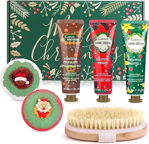 Bombas de Baño Set Regalos Navidad, 2 Bombas Baño Hechas a Mano, 3 Crema Manos, 1 Cepillo Corporal, Juego Regalo, rico en Aceites Esenciales, Crema Corporal tira Rápidamente, Navidad Pequeños  