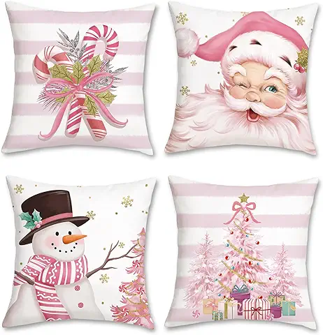 Bonhause Fundas Cojines Navidad Rosa 45 x 45 cm Funda de Almohada Papá Noel Muñeco de Nieve Árbol de Navidad Terciopelo Suave Cojines Decorativos para Hogar Vacaciones Invierno Juego de 4  