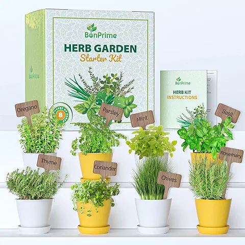 BonPrime Huerto en Casa - Mini Huerto Urbano de Hierbas Aromaticas - Kit Cultivo y Jardineria con 8 Semillas Listas a Plantar - Minihuerto Interior con Accesorios - 8 Macetas Ecológicas,  