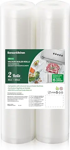 Bonsenkitchen 2 Rollos Bolsas para Envasadora al Vacío, 30 x 600cm Bolsas Gofradas para Conservación de Alimentos y Sous Vide Cocina, BPA Free  