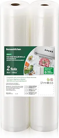 Bonsenkitchen - Bolsas de Vacío para Alimentos, 2 Rollos de 28 x 600 cm, Bolsa al Vacío para la Conservación de Alimentos y la Cocción, sin BPA  
