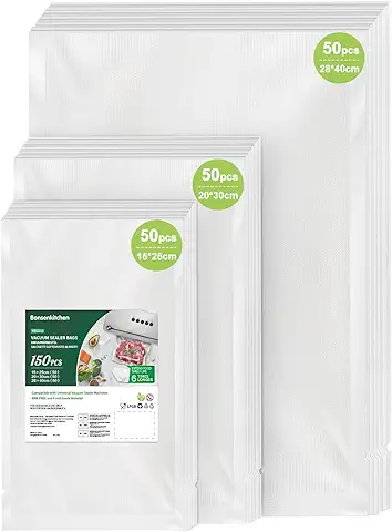 Bonsenkitchen Bolsas Vacio Alimentos 15x25 | 20x30 | 28x40 cm, 50 Bolsas por cada Tamaño Bolsas Vacio- Bolsa de Vacío Gofradas para Conservación y Cocción Sous Vide & Boilable  
