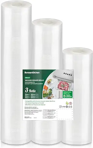 Bonsenkitchen Bolsas Vacio Alimentos, 20 | 25 | 28x300 cm Bolsas Vacio Rollos para Envasadora al Vacío - Bolsa de Vacío Gofradas para Conservación y Cocción Sous Vide & Boilable, sin BPA  