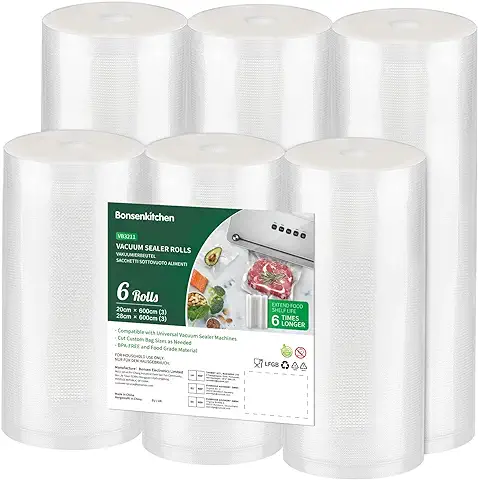 Bonsenkitchen Bolsas Vacio Alimentos, 3 Rollos 28 x 600cm + 3 Rollos 20 x 600cm Bolsas Envasar al Vacio Alimentos para Conservación de Alimentos y Sous Vide Cocina & Boilable,sin BPA  