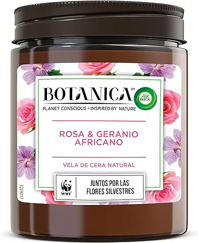 Botanica by Air Wick - Vela Aromática Perfumada, Ambientador Esencia Para Casa Con Aroma A Rosa y Geranio Africano - 205gr  