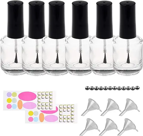Botellas Vacías y Transparentes para Esmalte de Uñas Eco-Fused - con Brochas Dupont - Conjunto de 6 - Además Incluye 6X Embudos Plásticos, 12x Bolas para Mezclar y 20x Etiquetas  