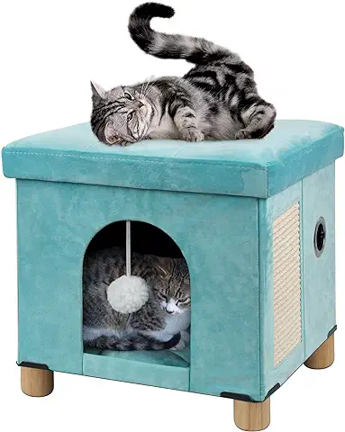 BRIAN & DANY Cama Plegable para Gatos de Interior, Cubo Grande de Gato para casa de Gatos con Tablero de Arañazos y Pelota de Gato, 31 x 31,8 x 36 cm, Verde  