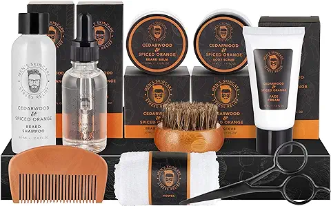 BRUBAKER Kit de 9 Piezas para el Cuidado de la Barba y la Cara con Champú, Aceite, Bálsamo, Cepillo, Crema para la Cara, Pelar, Peine, Tijeras, Guante para Lavar - Regalos para Hombres  