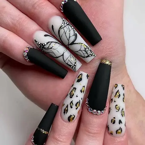 Bufenia Uñas Postizas de Mariposa de Ataúd, de Leopardo, Bailarina Francesa, con Patrón de Serpiente, a Presión, Uñas Largas de Acrílico de Cobertura Completa, Uñas Adhesivas para Mujeres y Niñas (A)  